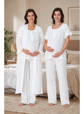 Effort Ekru Müslin Kumaş %100 Pamuk Hamile Lohusa Pijama Takımı Sabahlık 3084